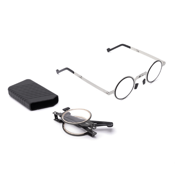 Compact unisex foldable reading glasses with blue light filter, available in stylish round or square frames.