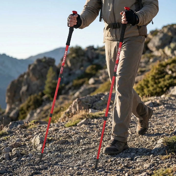 Unisex foldable telescopic trekking poles for hiking & walking adventures.