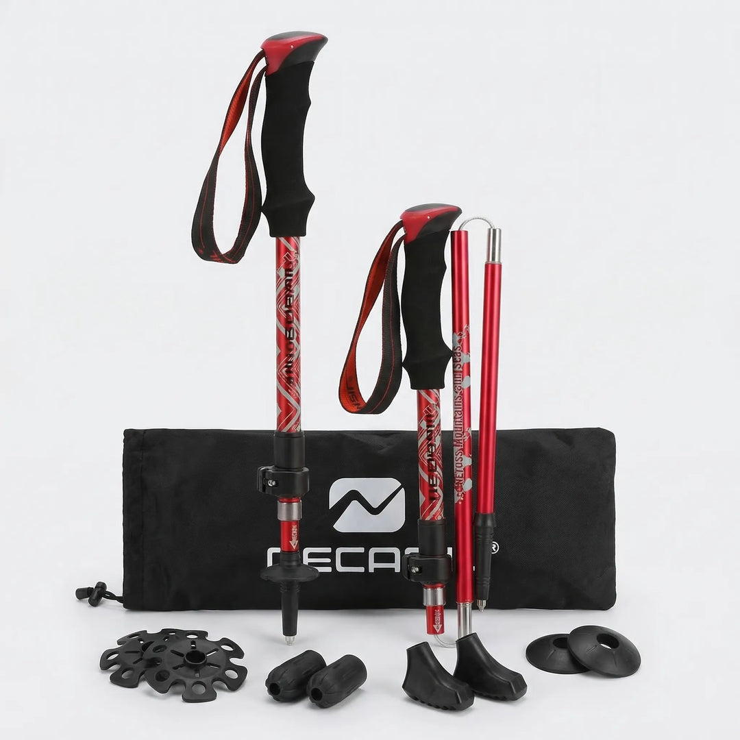 Compact foldable trekking poles, easily collapsible for travel & storage during outdoor hikes.