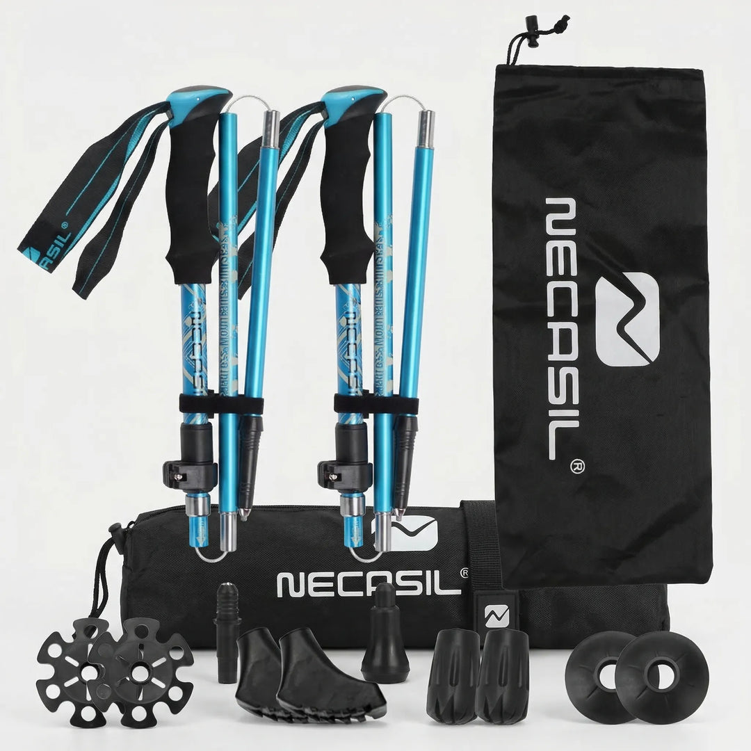 Lightweight, foldable hiking poles providing stability & support on challenging trekking trails.