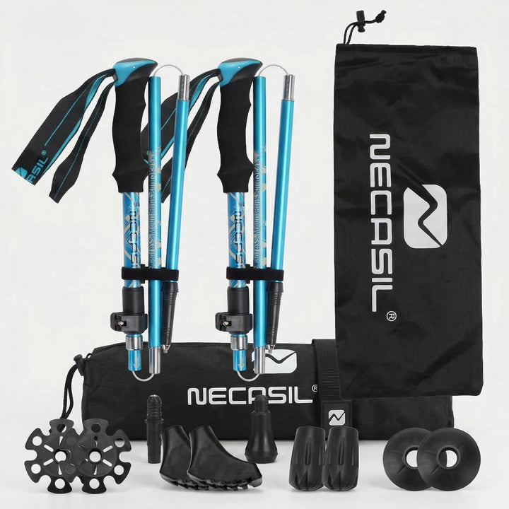 Lightweight, foldable hiking poles providing stability & support on challenging trekking trails.