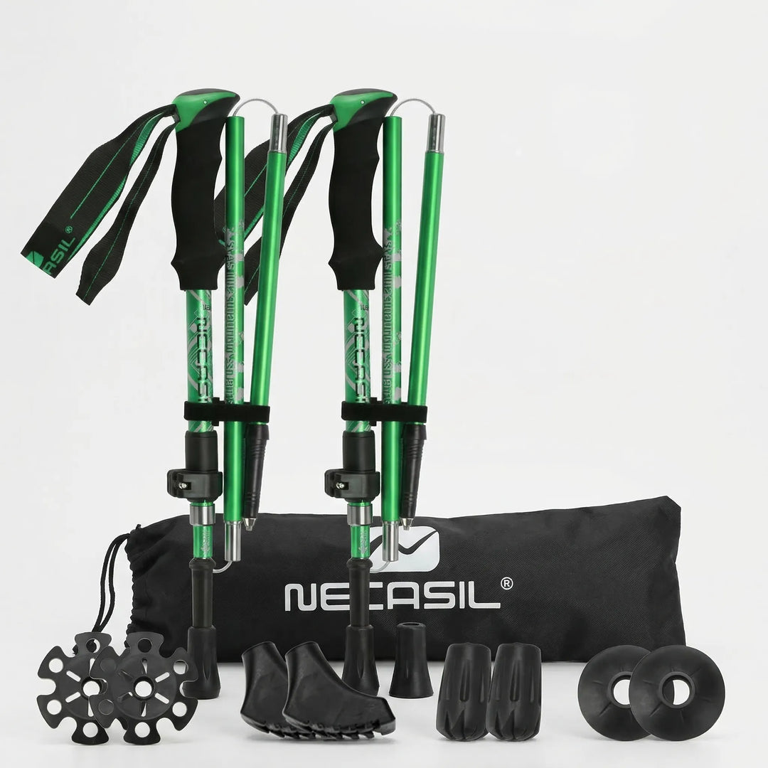 Unisex telescopic hiking poles, foldable for easy transport, ideal for any outdoor enthusiast.