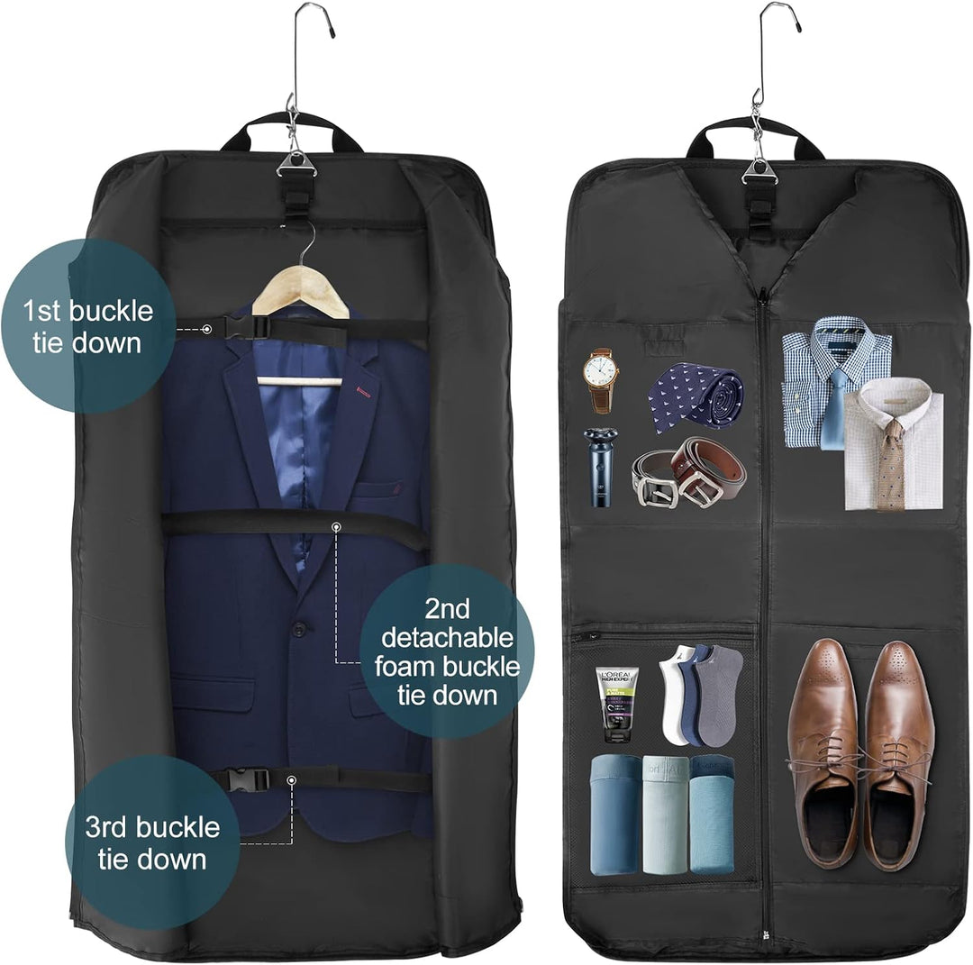 Compact foldable travel garment bag, perfect carry-on for wrinkle-free suits. Unisex design, weekend trip essential.