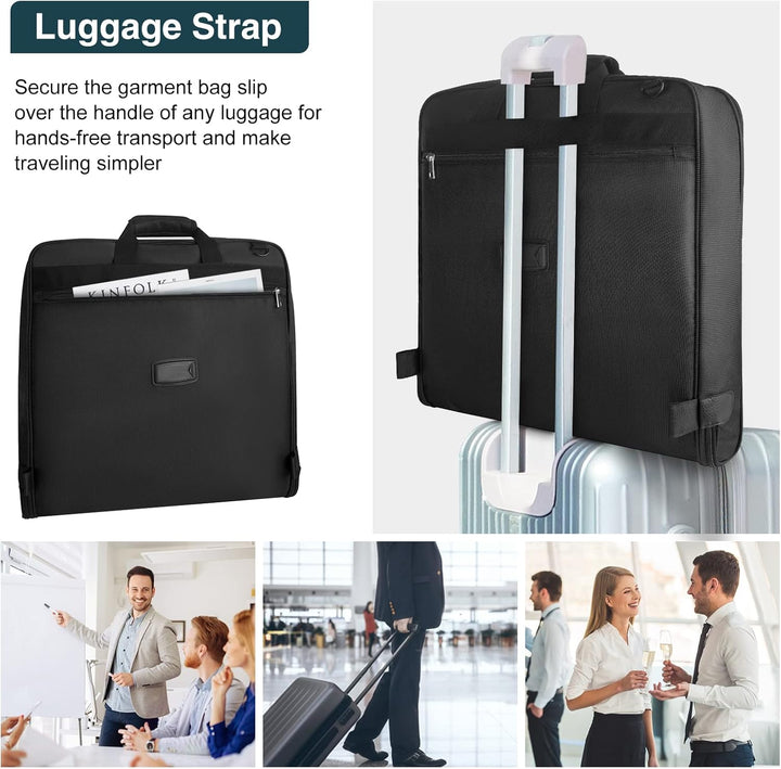Interior view: Travel garment bag suit organizer with compartments. Wrinkle-free carry-on for business travel essentials.