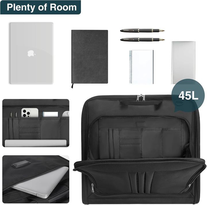 Unisex travel garment bag being carried. Foldable carry-on luggage, perfect for wrinkle-free suits on business trips.
