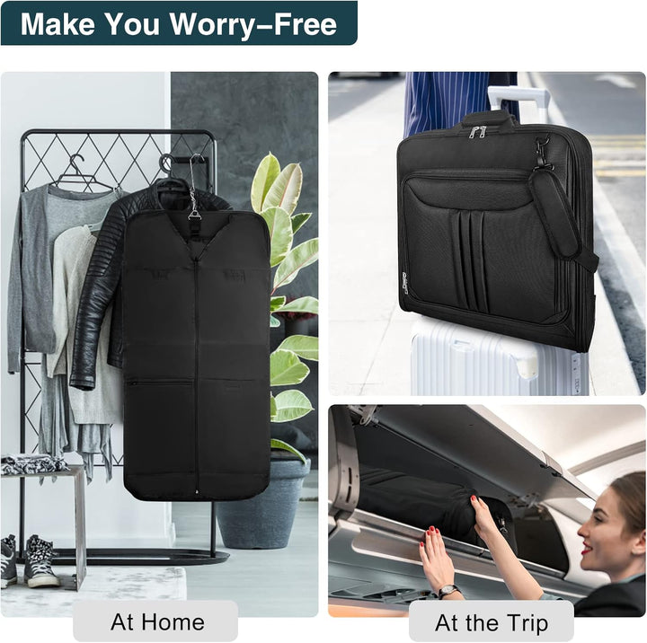Open foldable travel garment bag showing wrinkle-free suit. Carry-on luggage & suit organizer for efficient business travel.