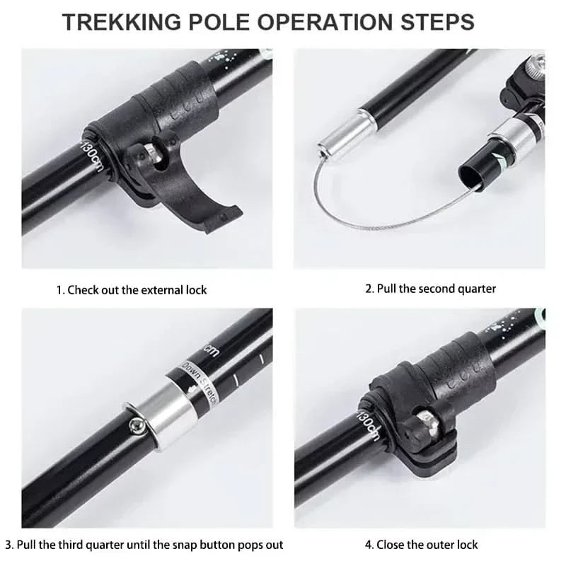Foldable hiking poles, walking sticks for camping accessories & travel. Unisex and ultra-portable.