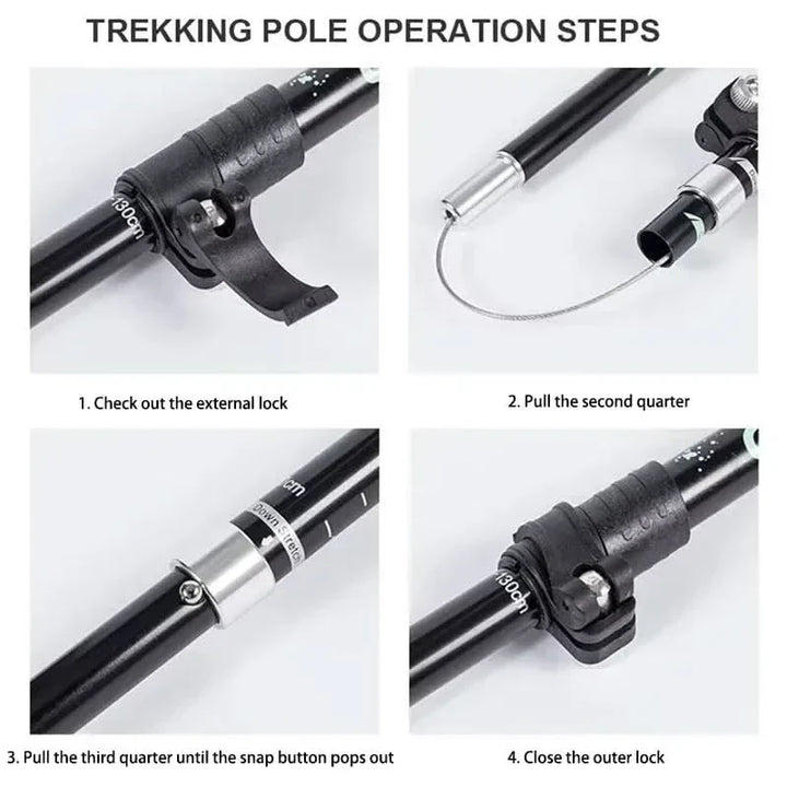 Foldable hiking poles, walking sticks for camping accessories & travel. Unisex and ultra-portable.