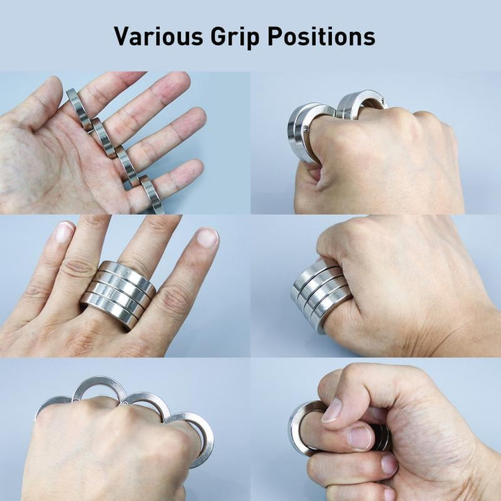 Hands manipulating a unisex folding four-finger fidget ring, promoting stress relief & mindfulness. Daily carry gadget.