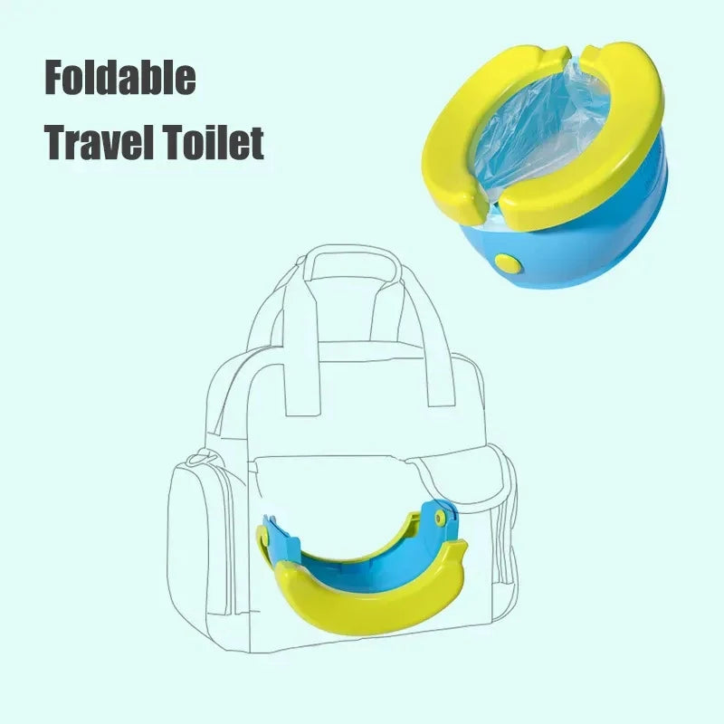 Compact travel potty seat in blue, ideal for babies and toddlers, easy to fold & store in baby gear