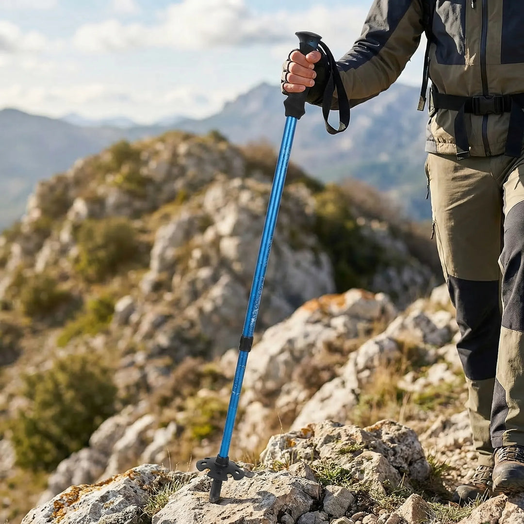 Unisex folding trekking pole, 4-section compact design for hiking & backpacking.