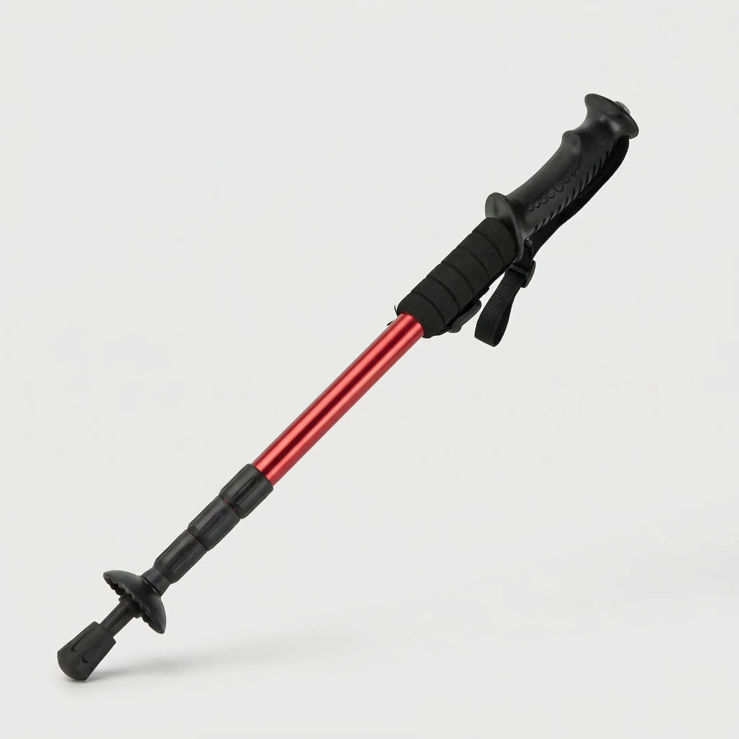 Compact 4-section folding trekking pole, shown ready for use, perfect ultralight outdoor gear.