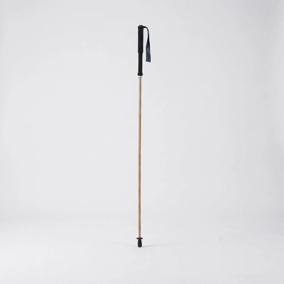 Unisex folding trekking pole in use on a scenic trail, providing stability & support for hikers.