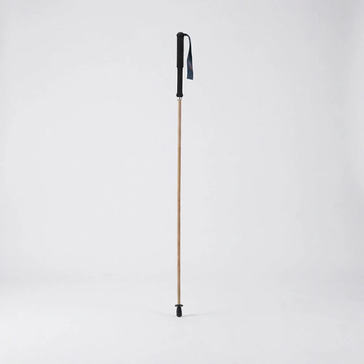 Unisex folding trekking pole in use on a scenic trail, providing stability & support for hikers.