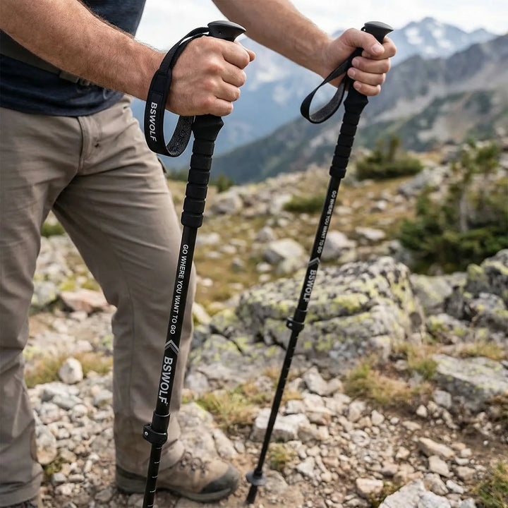 Unisex folding ultralight trekking poles, adjustable for hiking & trail walking. Compact outdoor gear for adventure.