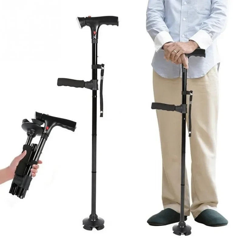 Unisex folding walking cane with dual handles, adjustable height, & safety features for senior mobility support.