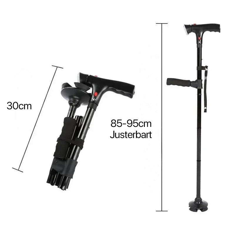 Portable folding walking aid with LED light, emergency alarm, dual handles, & 4-point base for senior safety.