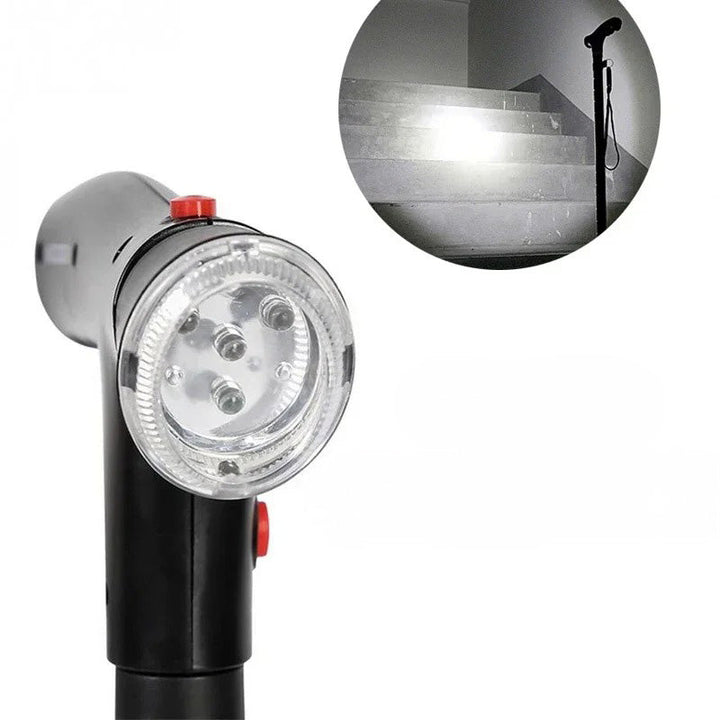 Adjustable height folding cane with dual handles, LED light, & emergency alarm. Great for senior mobility.
