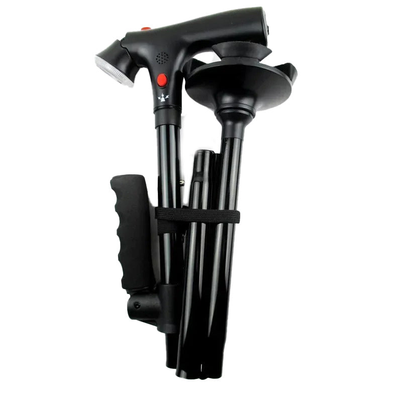 Unisex safety cane, portable & adjustable, with dual handles, LED light, and emergency alarm for reliable support.