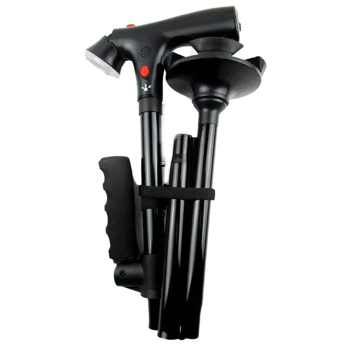 Unisex safety cane, portable & adjustable, with dual handles, LED light, and emergency alarm for reliable support.