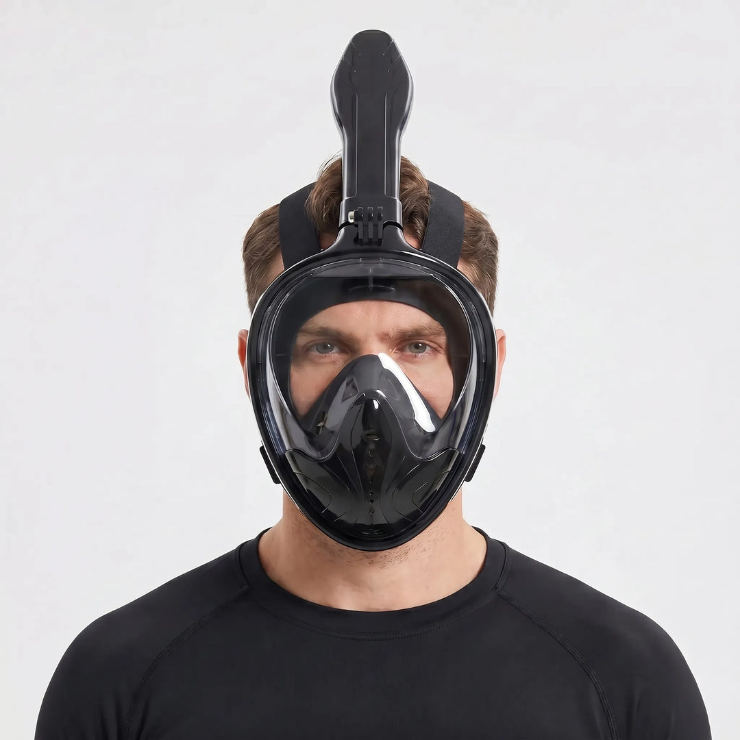Explore the ocean with a full-face snorkel mask, offering a clear panoramic view for all your watersports adventures.