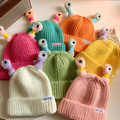 Unisex Fun Monster Glowing Knit Hat, front view, cozy winter beanie for kids & adults