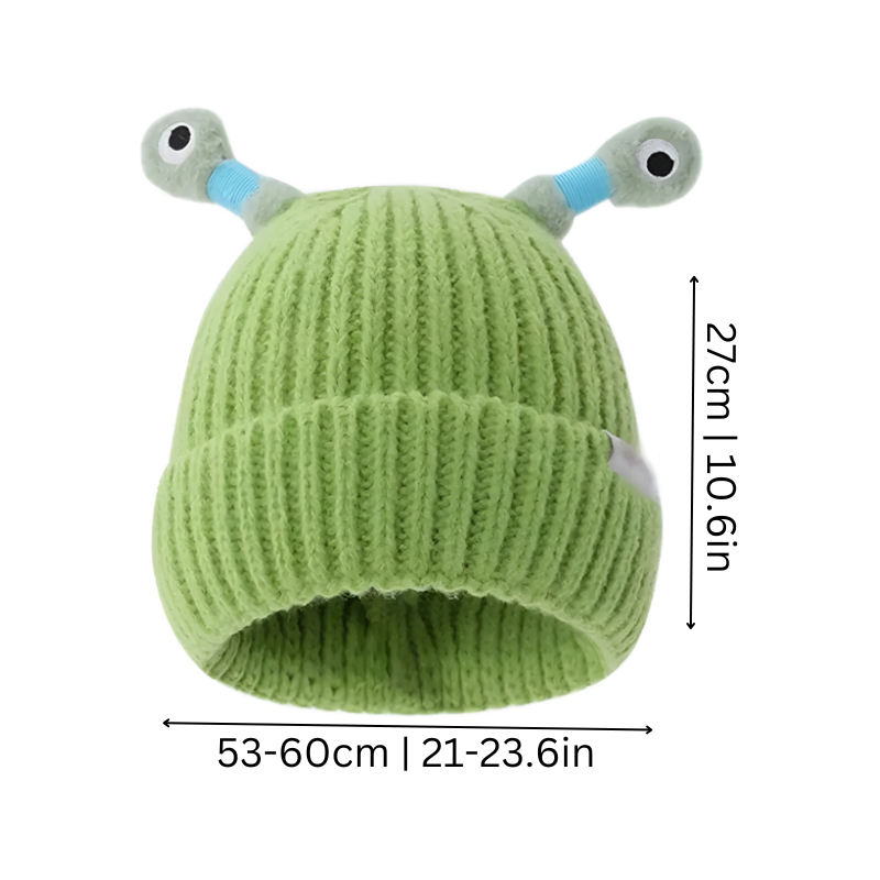 Fun Monster Glowing Knit Hat, side view, showing glowing eyes & horns, warm novelty winterwear