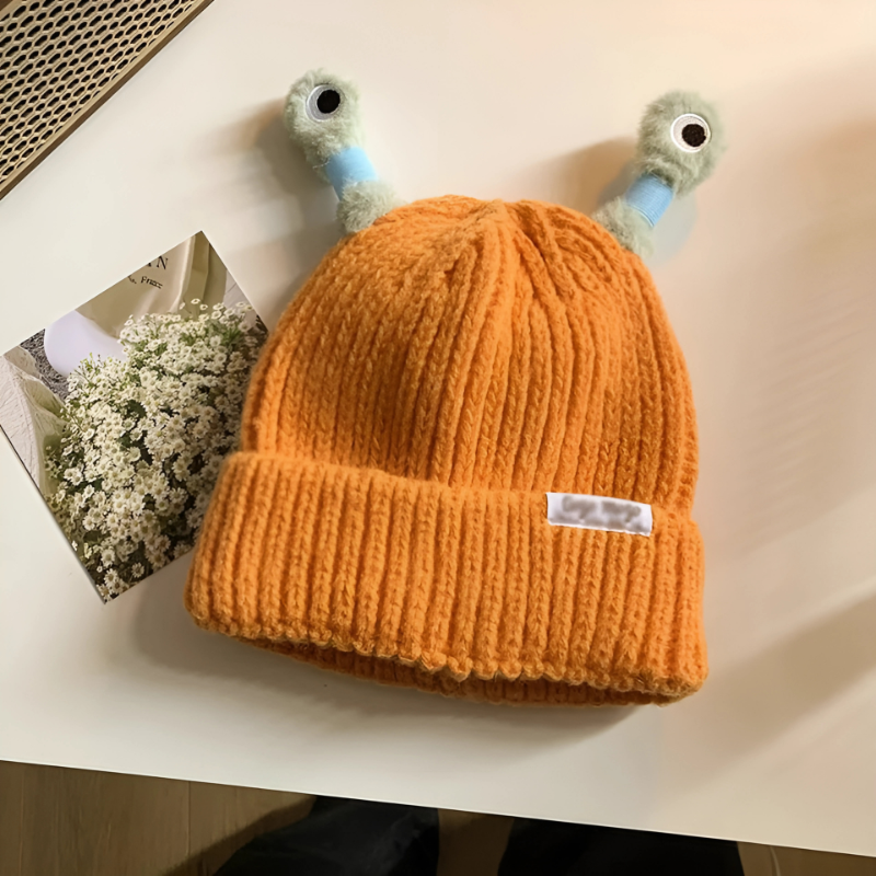 Unisex Glowing Monster Knit Beanie on model, close up of knit texture, perfect gift idea