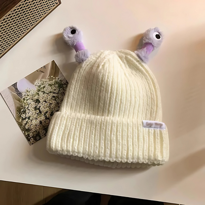 Kids wearing a Fun Monster Glow Knit Hat, smiling, demonstrating cozy and warm winter fashion