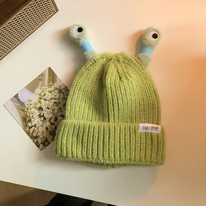 Close-up of the Fun Monster Glowing Knit Hat's knit detail, high-quality, soft winter beanie