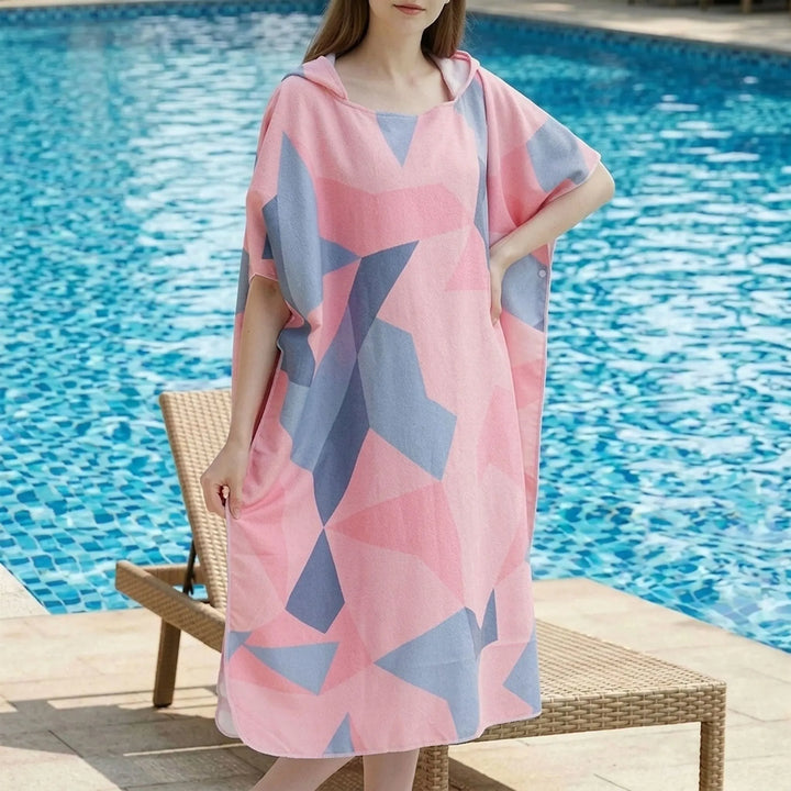 Unisex geometric print changing poncho robe. Absorbent quick-dry beachwear for surfing, swimming, poolside.