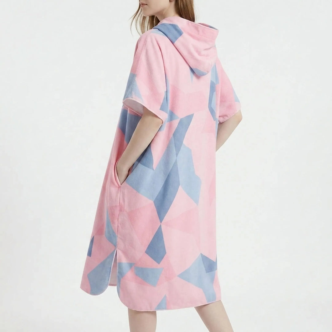 Hooded quick-dry geometric changing robe. Absorbent unisex poncho, perfect beachwear for surfing, swimming, travel.