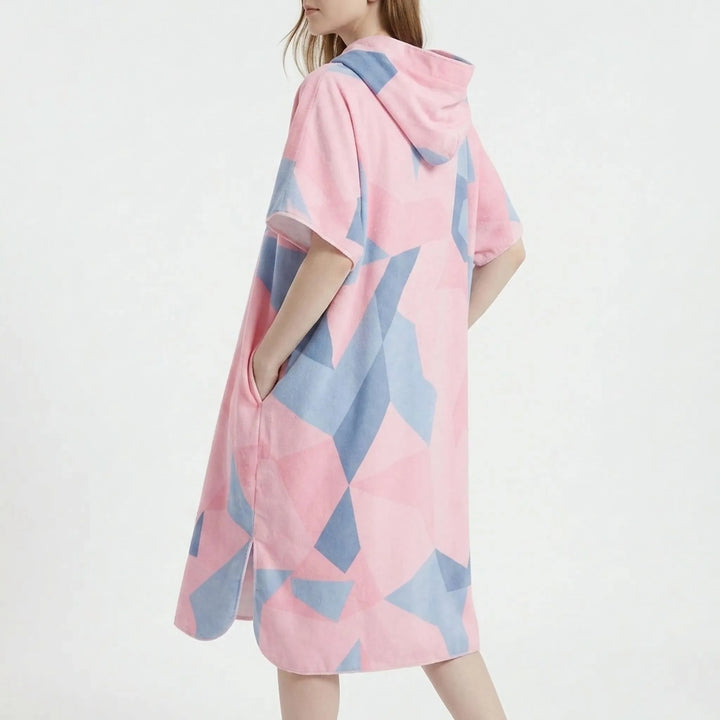 Hooded quick-dry geometric changing robe. Absorbent unisex poncho, perfect beachwear for surfing, swimming, travel.