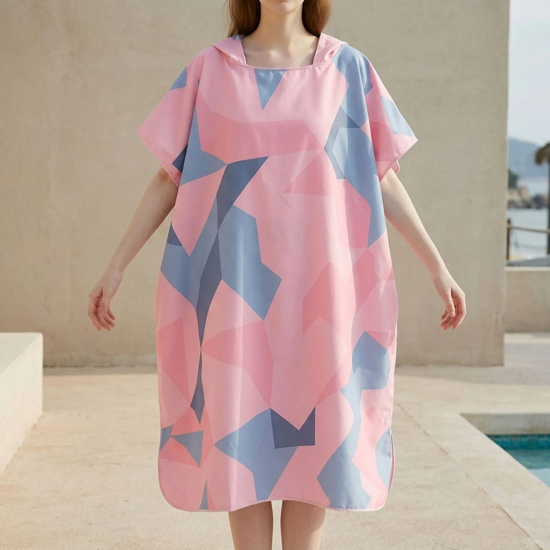 Stylish geometric print changing poncho. Unisex absorbent quick-dry robe, perfect beachwear for swim and surf.