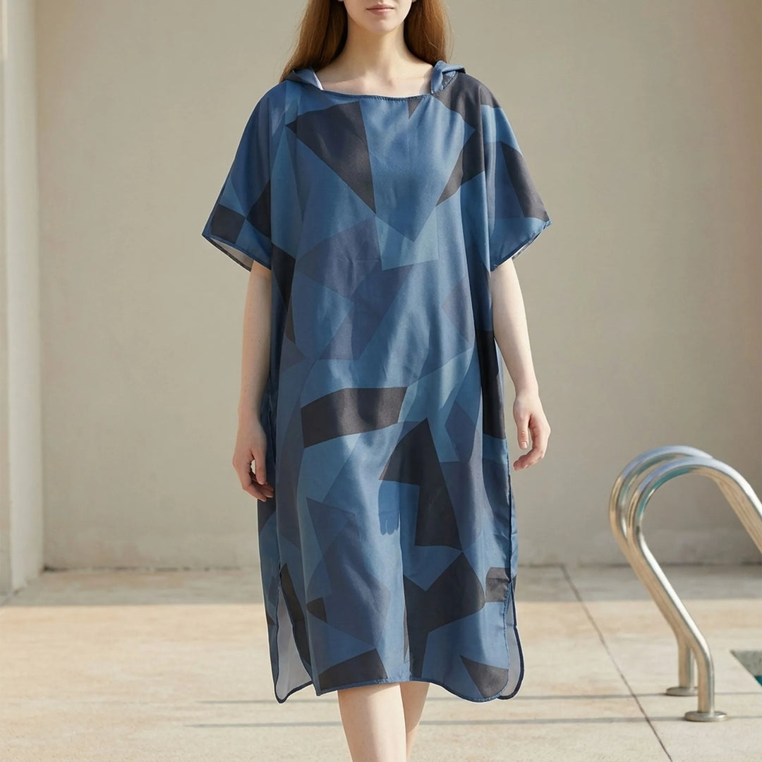 Travel-friendly unisex geometric print changing robe. Quick-dry absorbent poncho for beach, poolside, and surfing.