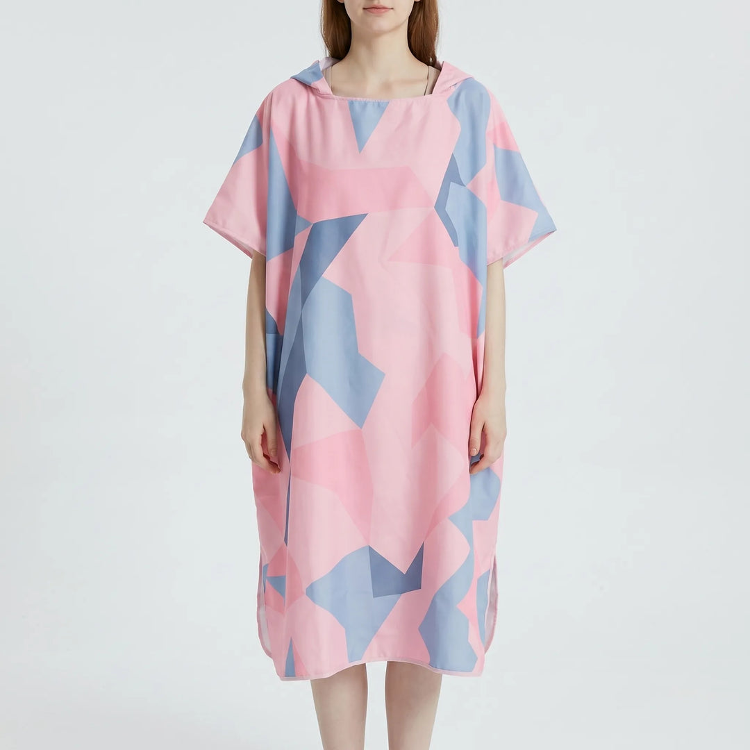 Vibrant geometric print changing poncho. Versatile quick-dry unisex robe, great for beach, swimming, and surfing.