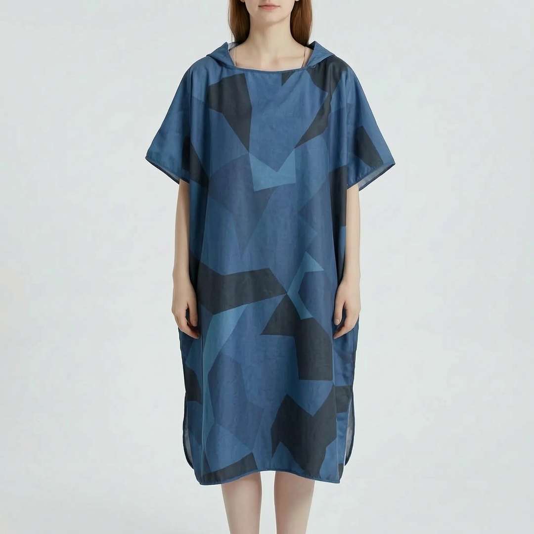Absorbent unisex changing poncho robe with geometric design. Quick-dry swimwear cover-up for beach, surf, swim.