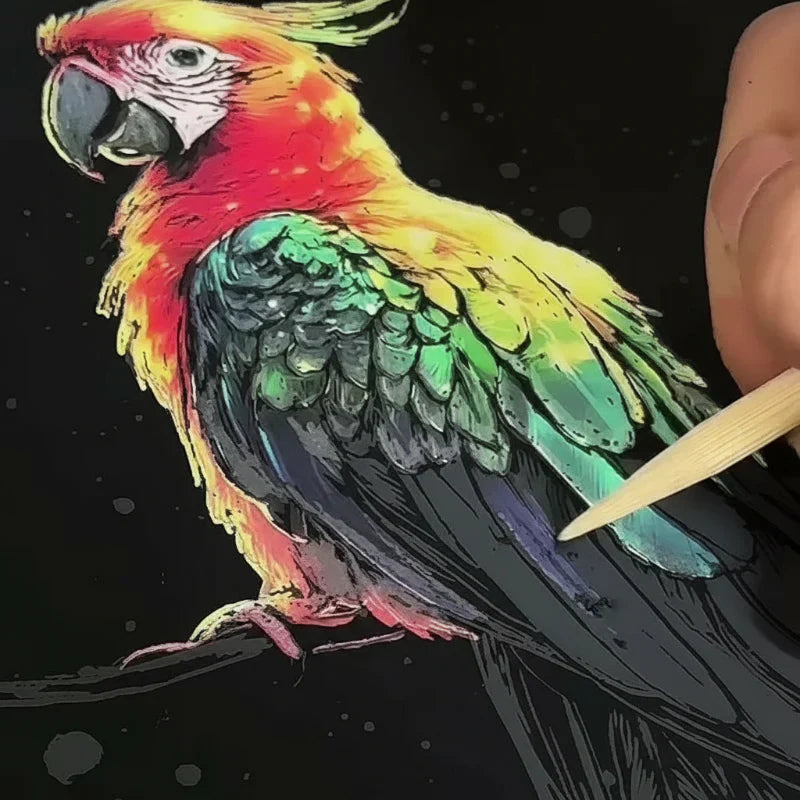 Kids using a stylus to reveal vibrant glow-in-the-dark patterns on a scratch art card.
