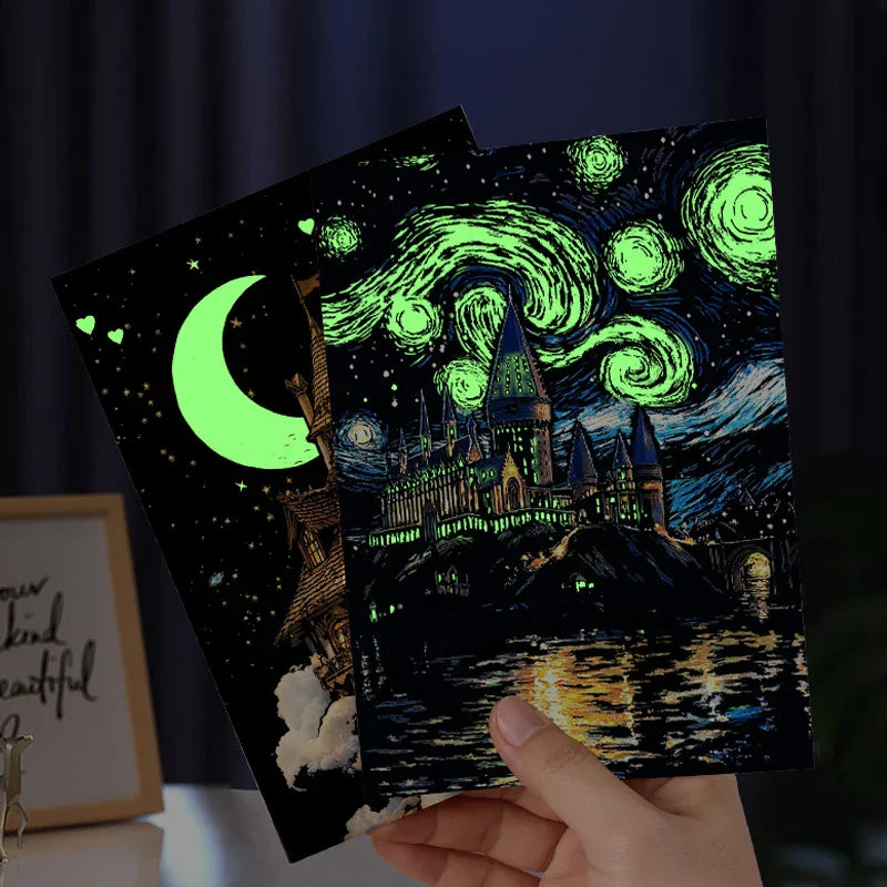Packaging for a glow-in-the-dark scratch art craft kit, highlighting educational benefits.