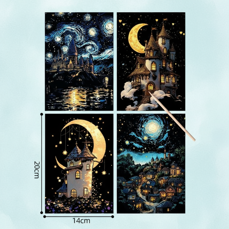 Creative activity for adults: glow-in-the-dark scratch art providing relaxation and fun.