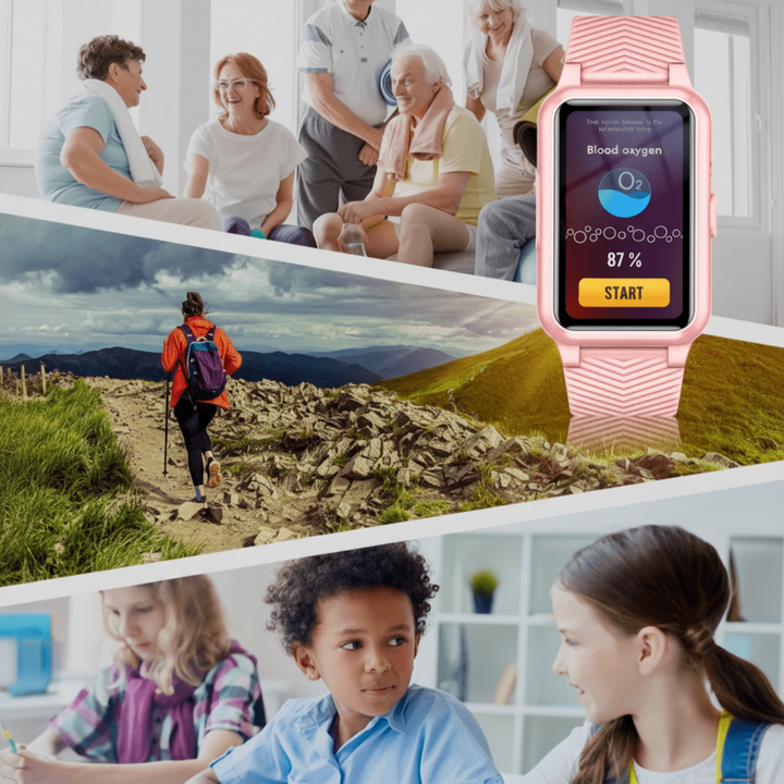 Unisex senior smartwatch on an elderly wrist; GPS, fall detection, emergency SOS alert feature.