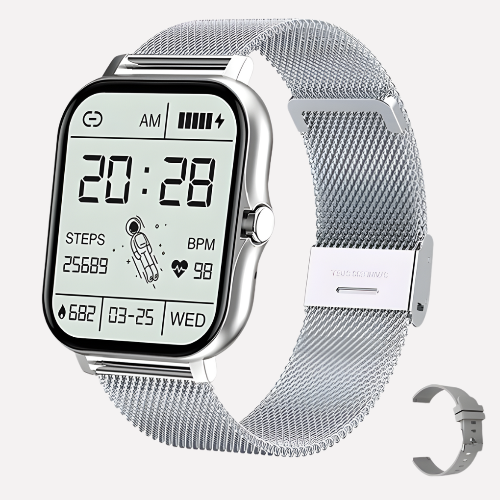 Pink & silver GPS smartwatch, a unisex wearable for emergency safety, SOS calls, & personal security.
