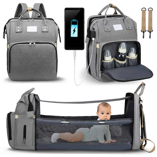 Unisex gray diaper backpack with USB port, front view, for baby essentials and travel