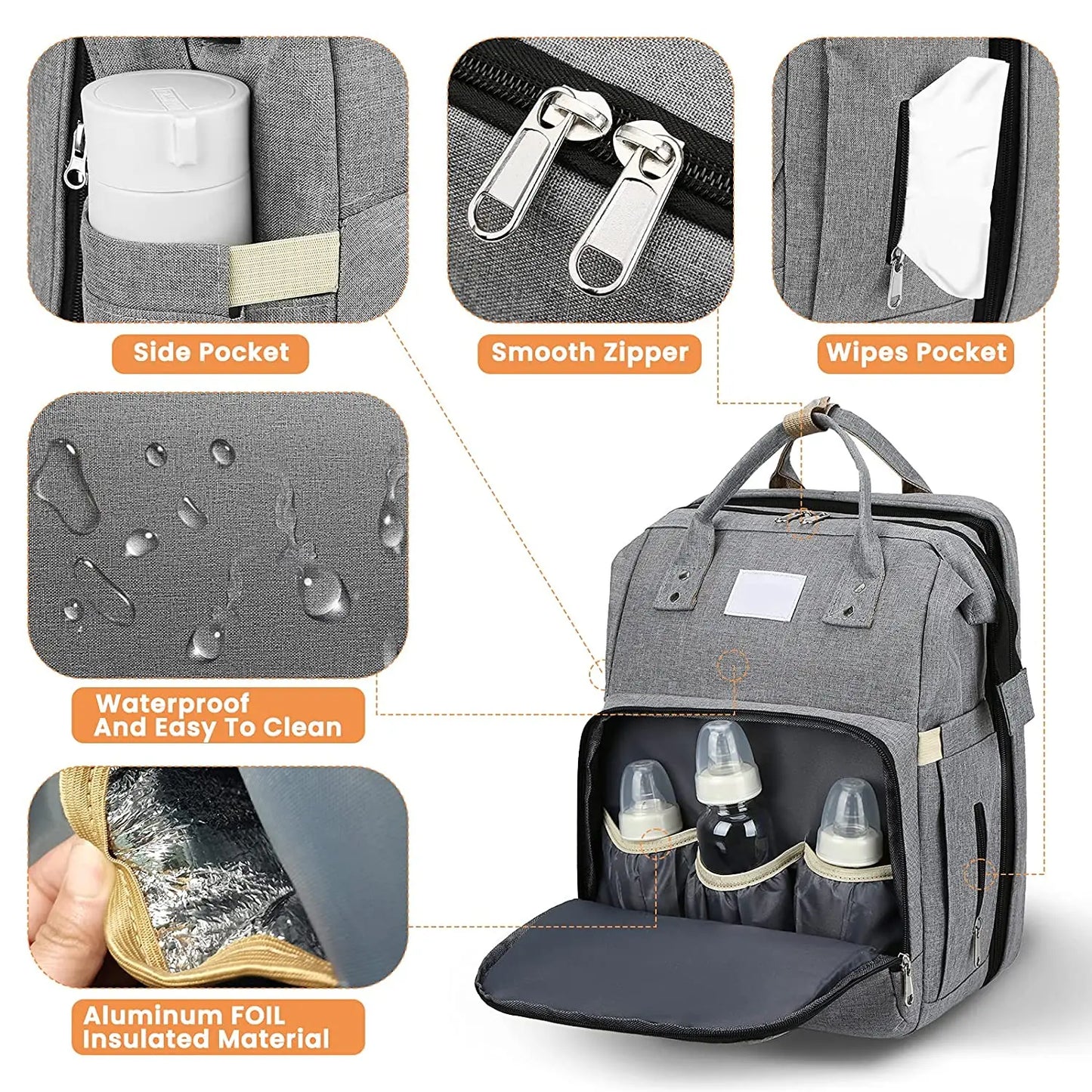 Stylish baby bag in black, side view, highlighting USB charging port and spacious design