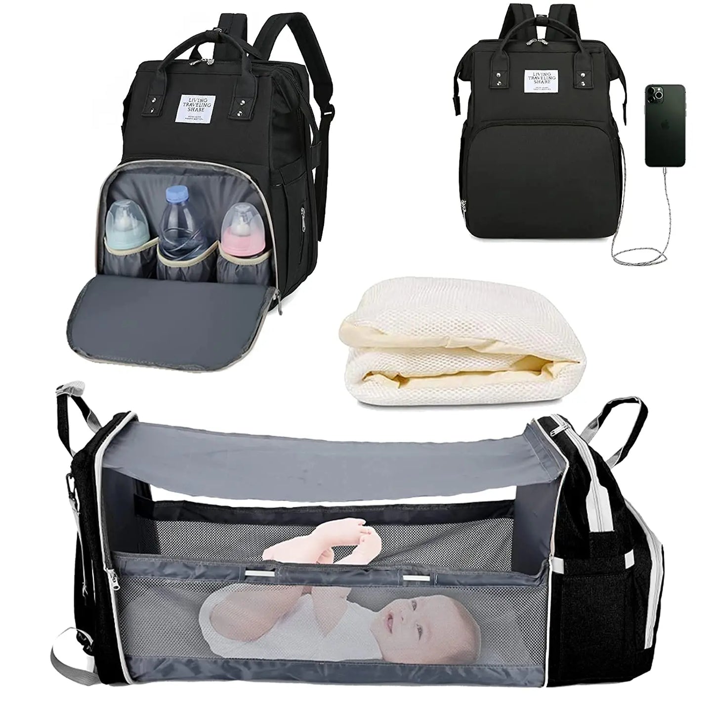 Unisex gray diaper bag backpack unfolds into portable baby bed, ideal for travel and naps on the go