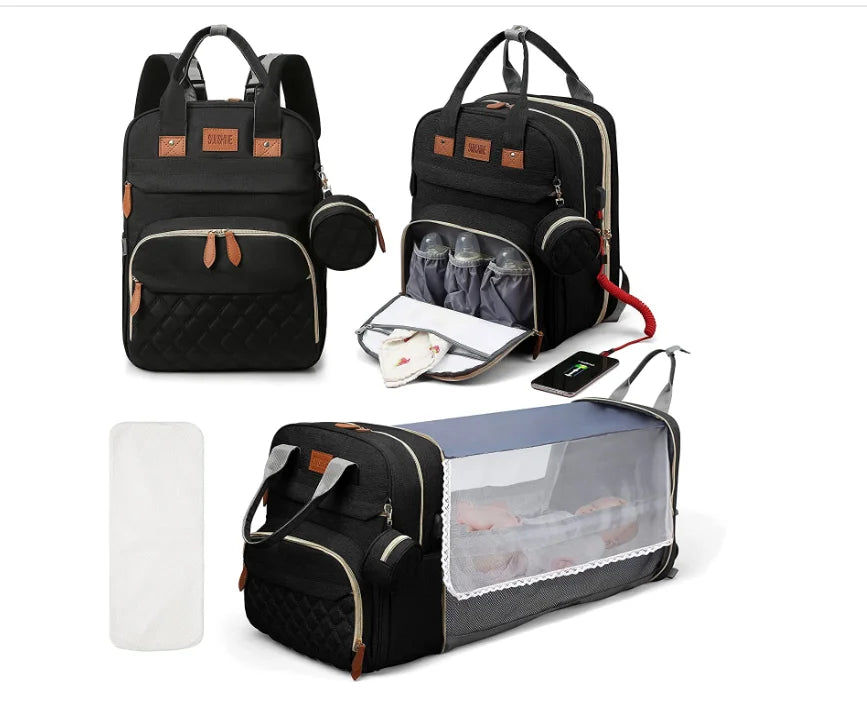 Baby backpack with a USB charging port and an integrated foldable bed, a must-have for new parents