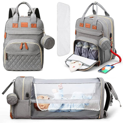 Stylish and functional diaper bag that converts into a safe baby sleeping space for travel or outdoor use