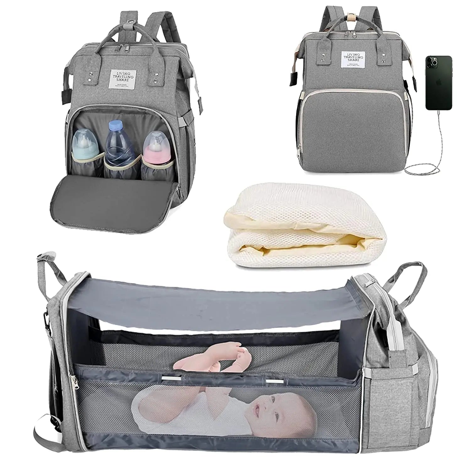 Newborn essentials in a unisex diaper backpack, highlighting its innovative foldable baby bed design