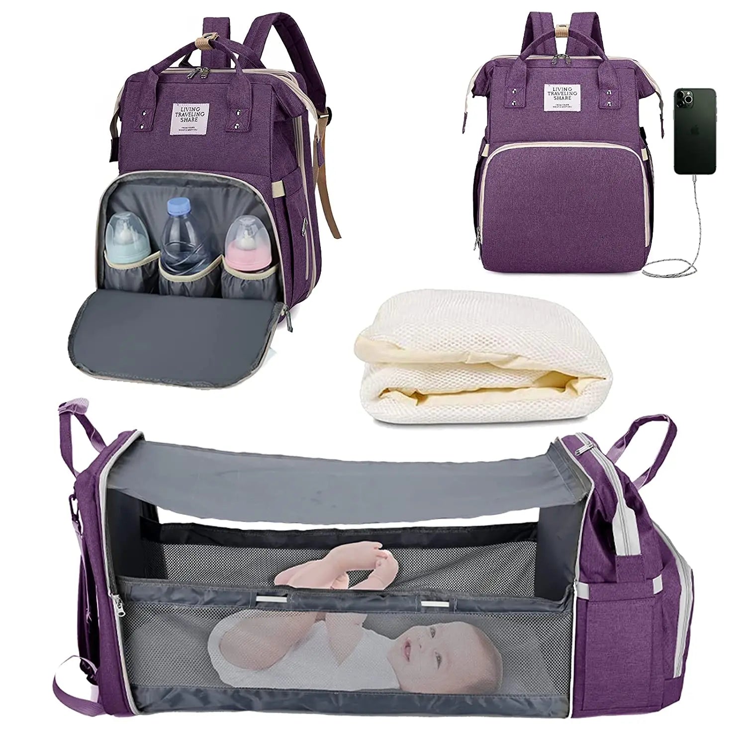 Full view of the multifunctional diaper bag backpack, showing its compact form and foldable bed capability