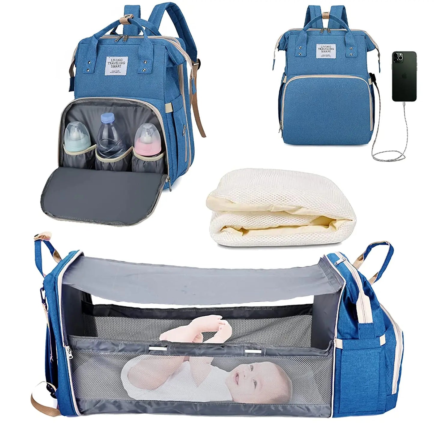 Detail shot of the foldable baby bed within the diaper bag, emphasizing comfort and ease of use for babies